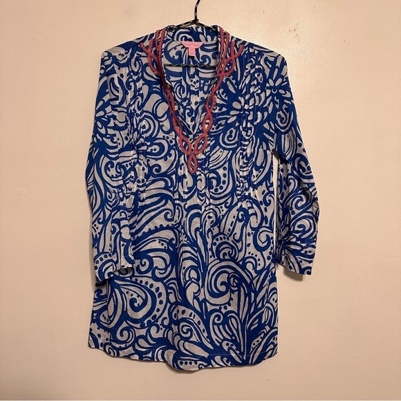 Lilly Pulitzer Sarasota Beaded Cotton Tunic size XS Blue Pink - Picture 2 of 8